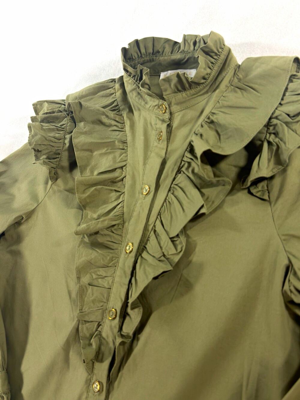 Karlie Small Olive Green Ruffle Button Front Cotton Blouse High Neck